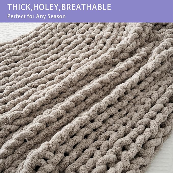 Bigacogo Chunky Knit Throw Blanket for Couch, 40x60 inches, 100% Hand Knitted with Thick Jumbo Chenille Yarn, Cozy Soft Large Rope Knot Cable Crochet Blankets for Sofa Bed Living Room, Taupe