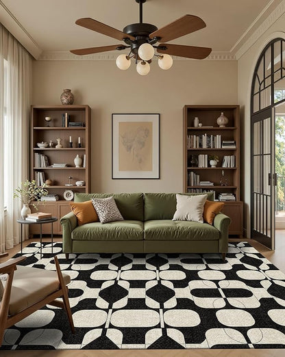Latte&Fog 6x9 Area Rugs for Living Room Bedroom, Black Vintage Washable Rug, Boho Non Slip Low Pile Carpet for Indoor Dining Room, Dorm, Classroom,College Dorm,Farmhouse and Home Office - Black Beige