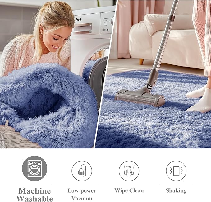 OLANLY Denim Blue Round Rugs for Bedroom - Machine Washable, 5 ft Circle Area Rugs for Living Room, Soft and Fluffy Shaggy Carpet for Teen Girl and Boys, Nursery Rooms, Dorms, Home Decor Aesthetic