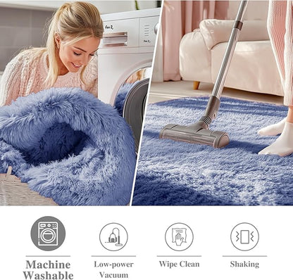 OLANLY Denim Blue Round Rugs for Bedroom - Machine Washable, 5 ft Circle Area Rugs for Living Room, Soft and Fluffy Shaggy Carpet for Teen Girl and Boys, Nursery Rooms, Dorms, Home Decor Aesthetic