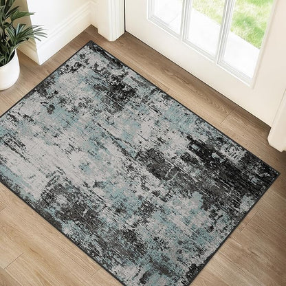 Washable Area Rugs 2'x3' Non-Slip Modern Abstract Soft for Living Room Entryway Bedroom Nursery, Print Pattern, Blue Black Teal