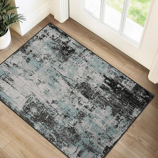 Washable Area Rugs 2'x3' Non-Slip Modern Abstract Soft for Living Room Entryway Bedroom Nursery, Print Pattern, Blue Black Teal
