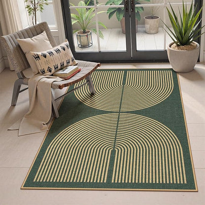Lahome Enfys Modern Rainbow Easy Jute Entry Rug, 3x5 Washable Outdoor Patio Porch Rug, Farmhouse Non Slip Non Shedding Dark Green Carpet for Dorm Living Room Deck Front Door Kitchen