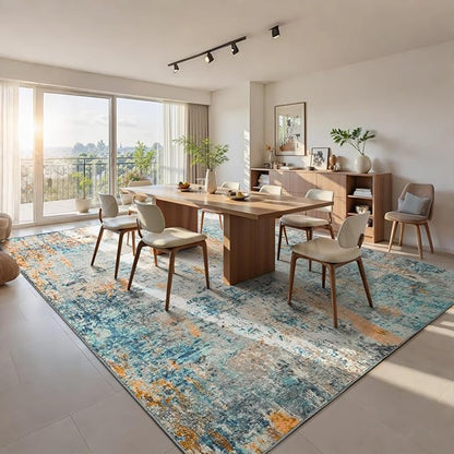 Ompaa Living Room Rug 8x10 Blue Area Rugs Machine Washable Abstract Boho Large Carpet Non-Slip Non-Shedding Faux Wool Indoor Vintage Rugs for Bedroom, Classroom, Dining Room, Kids Playroom