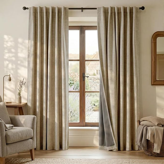 RYB HOME Linen Textured 100% Blackout Curtains for Bedroom, Insulating Energy Saving Window Curtains for Living Room Dining Patio Sliding Glass Door, Wide 52 x Long 96 inch, Burlap, 2 Panels