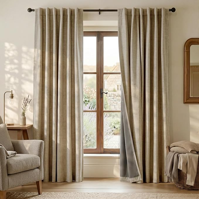 RYB HOME Polyester Textured 100% Blackout Curtains for Bedroom, Insulating Energy Saving Window Curtains for Living Room Dining Patio Sliding Glass Door, Wide 52 x Long 84 inch, Burlap, 2 Panels