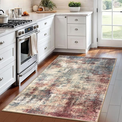 IOHOUZE Abstract Area Rug 4x6 Ft Washable Rugs for Entryway Indoor, Non Slip Small Living Room Rugs Printed Faux Wool Throw Rug, Floor Carpet for Kitchen Nursery Playroom, Red/Multi