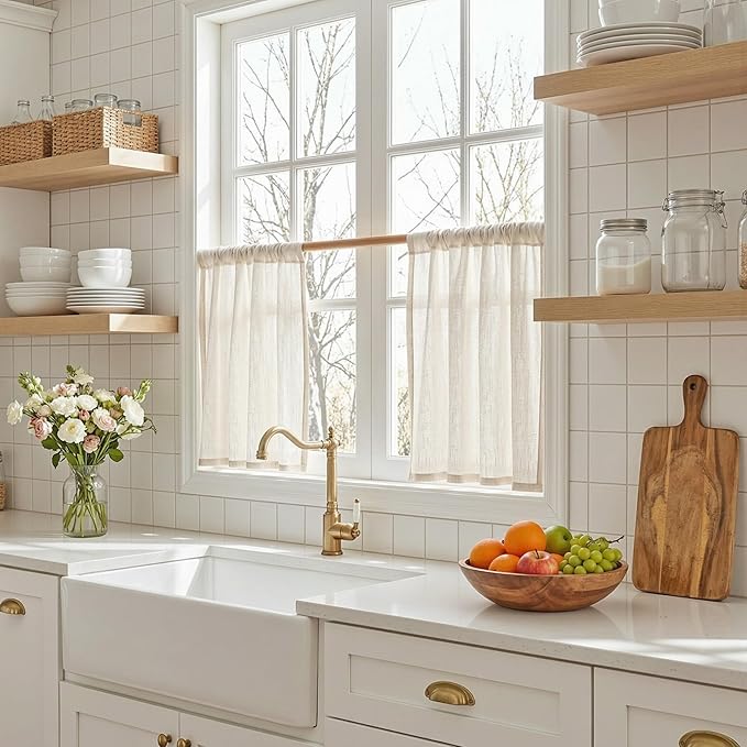 MYSKY HOME Natural Linen Curtains 24 Inch Long for Kitchen, Semi Sheer Light Filtering Window Panels Rod Pocket Valance Neutral Drapes for Small Window/Cafe/Bathroom Basement, 2 Panels, 34 x 24 Inch