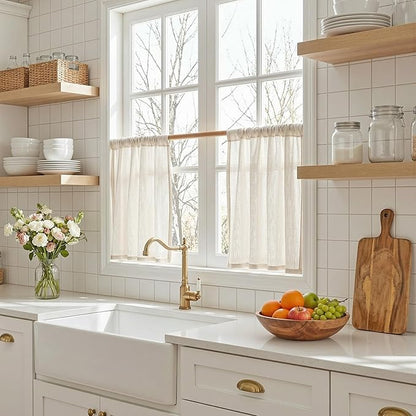 MYSKY HOME Natural Linen Curtains 30 Inches Long for Kitchen Window Semi Sheer Light Filtering Cafe Curtain Tiers Rod Pocket Short Country Decor Drapes for Basement/Small Window, 2 Panels, 34 x 30 in
