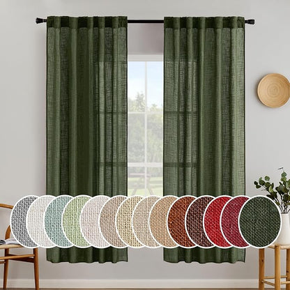 MIULEE Olive Green Linen Curtains 72 Inch Length 2 Panels for Bedroom Living Room, Soft Thick Linen Textured Window Drapes Semi Sheer Light Filtering Back Tab Rod Pocket Burlap Look Decor, W37xL72