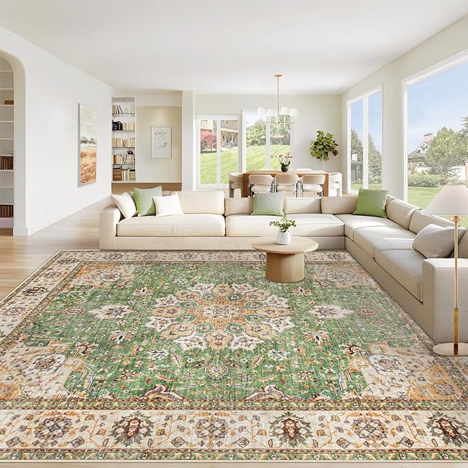 Area Rug 8x10 Washable Rug, Vintage Boho Medallion Rugs Non-Slip Soft Low Pile Large Distressed Rug Indoor Retro Carpet for Living Room Bedroom Dining Room Home Office (Vintage Green, 8'x10')