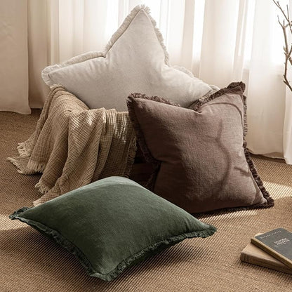 MIULEE Decorative Throw Pillow Covers Neutral Linen Fringe Throw Pillows Set of 2 Rifle Green Boho Farmhouse Cushion Covers with Tassels for Couch Sofa Bed Living Room Spring Home Decor 18x18 Inch