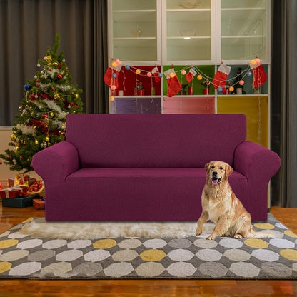 KEKUOU Stretch Loveseat Sofa Cover Slipcover,Couch Covers for 2 Cushion Couch Sofa (55"-78") Furniture Protector Sofa with Elastic Bottom for Kids,Dog. Jacquard Small Checked (Medium,Wine)