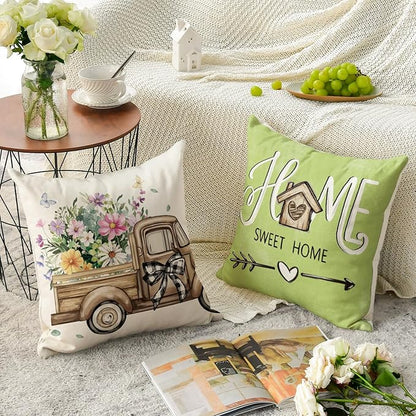 AVOIN colorlife Bless Our Home Eucalyptus Leaves Throw Pillow Covers, 16 x 16 Inch Spring Summer Truck Cushion Case for Home Sofa Couch Set of 4