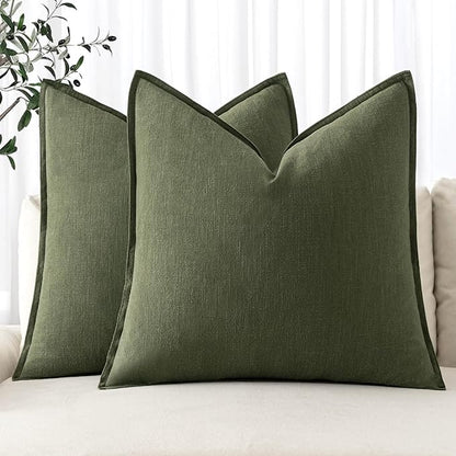 MIULEE Decorative Linen Euro Sham Pillow Covers 24x24 Dark Olive Green Boho Farmhouse Neutral Spring Couch Throw Pillows for Bed Pack of 2 Accent Modern Pillowcase Sofa Livingroom Home Decor