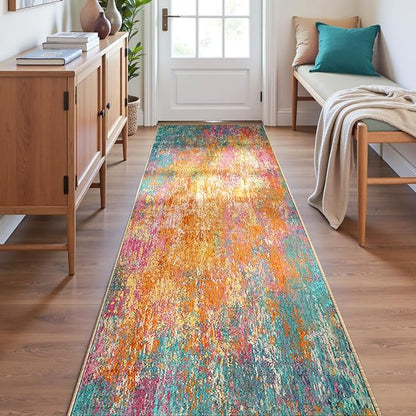 Washable Area Rugs 2'x6' Non-Slip Modern Abstract Soft for Living Room Entryway Bedroom Nursery, Print Pattern, Orange Blue Pink Yellow Colorful
