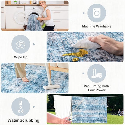 Area Rugs 9x12 Living Room - Washable Rug Modern Abstract Soft Large Neutral Non-Slip Carpet Indoor Floor Thin Carpets for Bedroom Dining Room Farmhouse Nursery Home Office Blue Grey