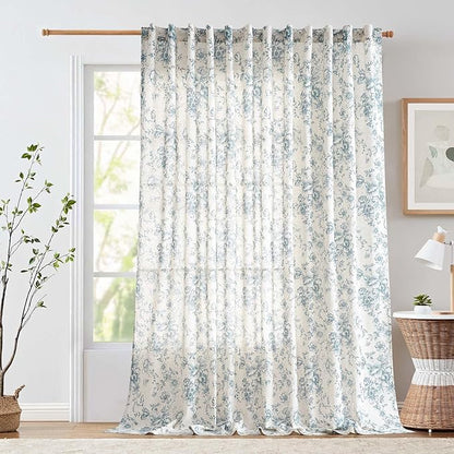 jinchan Linen Floral Curtains 100 Inch Extra Wide for Patio Sliding Glass Door Room Divider Curtain for Living Room 108 Inch Length Farmhouse Peony Blue Printed Curtain Set 1 Panel