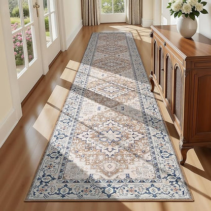 Lofus 2x10 Hallway Washable Runner Rug, Vintage Kitchen Runners Non Slip, Entryway Rugs for Bathroom Bedroom Living Room Laundry Room Floor Mat, Boho Entry Long Carpet, Floral Brown