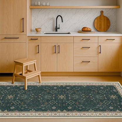Hazo Haus Dark Green 2x6 Kitchen Rug - Modern Vintage Boho Eclectic Floral with Brown Accent, Washable Low Pile Non-Slip Runner Rugs for Bathroom, Door Mat Indoor Entrance, Hallway, Bedroom, Laundry