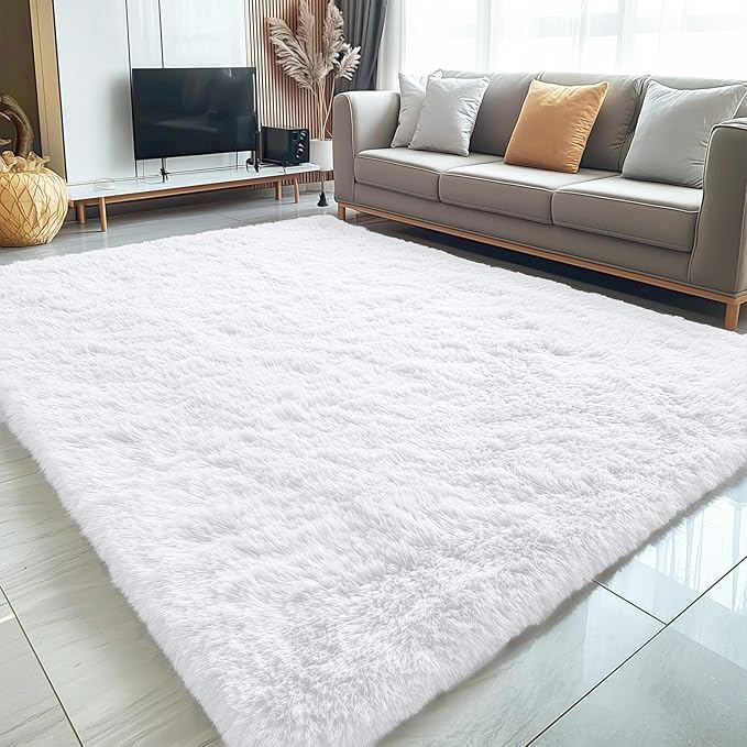 OLANLY 5x7 Machine Washable Large Area Rugs for Living Room, Bedroom, Soft Fluffy Shaggy Bedside Rug, Indoor Floor Carpet for Kids Girls and Boys, Dorms, Nursery, Home Decor Aesthetic, White