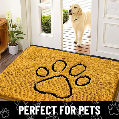 Smiry Dog Door Mat for Muddy Paws, Absorbent Dirt Trapper Non Slip Quick Dry Washable Chenille Mat for Mud Dogs, Entry Rug for Indoor and Outdoor (30x20 Inches, Golden Yellow and Black)