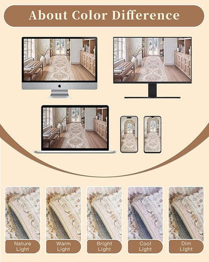 Madane Washable Runner Rug - 2x6 Rug Runners for Hallways 6 Feet Non Slip Vintage Kitchen Runner Rug Ultra-Thin Bathroom Runner Rugs Carpet Laundry Room Bedroom (2x6ft, Pink)