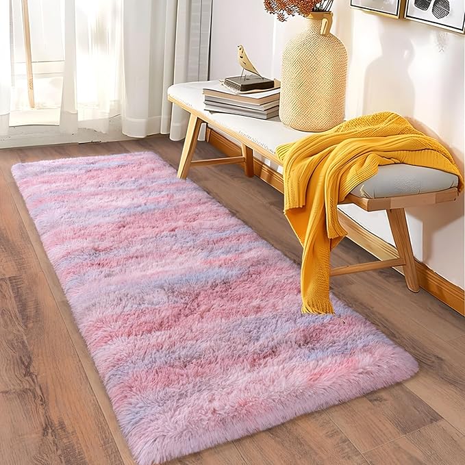 Soft Runner Rugs for Bedroom Hallways, 2x6 Abstract Pink Fluffy Shag Throw Area Rug Non Slip for Bedside Dorm, Long Shaggy Furry Carpet for Nursery Living Room