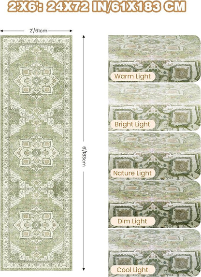Runner Rug 2x6, Non Slip Washable Rugs for Laundry Room, Runners for Hallways, Low Pile Vintage Soft Rugs for Living Room, Kitchen Bathroom,Bedroom Rug(Light Green,2'x6')