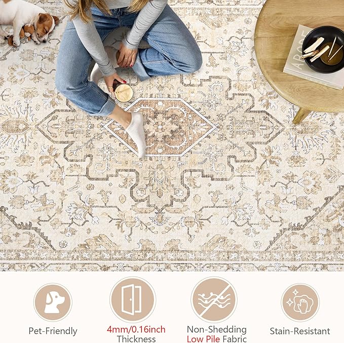 Area Rugs 6x9 Vintage Rug: Washable Living Room Rug Retro Medallion Distressed Large Soft Low Pile Non-Slip Indoor Floor Carpet for Bedroom Kitchen Nursery Dining Table Office (BeigeBrown, 6'x9')