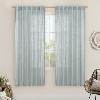 LAMIT Light Filtering Linen Curtains 68 inches Long for Bedroom, Faux Linen Textured Semi Sheer Back Tab and Rod Pocket Modern Drapes for Living Room/Farmhouse, Greyish Blue, 2 Panels, 52 x 68 Inch