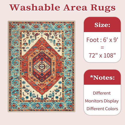 SERISSA Washable Rugs 6x9 Boho Area Rugs, Large Non-Slip Living Room Rug, Ultra Soft Vintage Oriental Tribal Farmhouse Orange Carpet for Dining Room Bedroom Dorm Office Home Decor