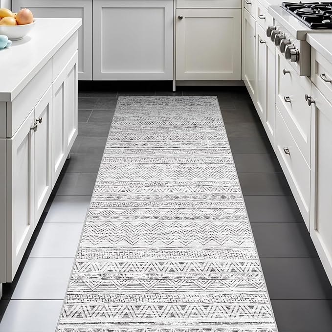 2x6 Washable Hallway Runner Rug - Moroccan Non-Slip Indoor Table Long Runners for Entryway Soft Low Pile Neutral Rugs for Kitchen Waterproof Geometric Carpet for Bedroom Bathroom Laundry 2x6 Grey