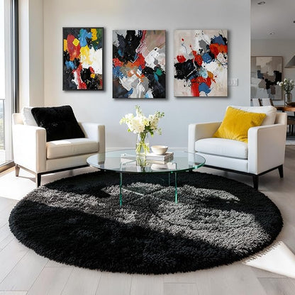 Black Round Rug 7Ft for Bedroom Aesthetic, Fluffy Plush Circle Area Rugs for Living Room, Large Big Fuzzy Modern Cool Carpet for Baby Kids Teen Boys Mens, Office Playroom Nursery Apartment Home Decor