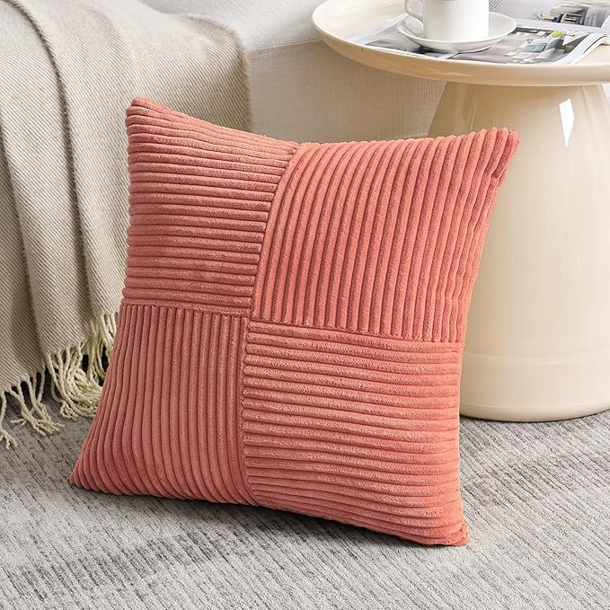 Fancy Homi 2 Packs Coral Decorative Throw Pillow Covers 20x20 Inch for Living Room Couch Bed Sofa, Rustic Farmhouse Boho Home Decor, Soft Corss Corduroy Patchwork Accent Peach Cushion Case 50x50 cm