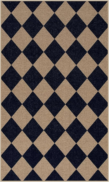 Lahome Colette Checkered Easy Jute Entry Rug, 3x5 Black Outdoor Patio Rug for Living Room Farmhouse Neutral Carpet, Washable Non Slip Indoor Door Mat Diamond Carpet for Front Door Deck Camping
