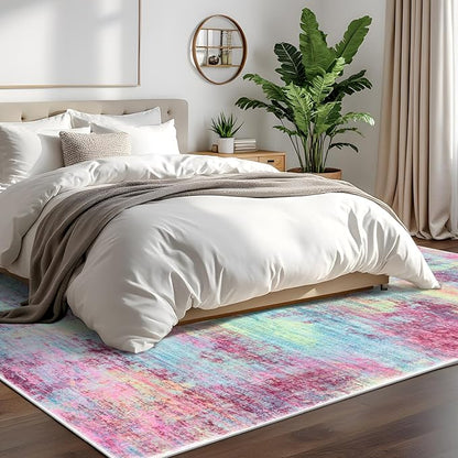 IOHOUZE Abstract Area Rugs 6x9 Ft Washable Rugs for Living Room, Non Slip Dining Room Rug, Printed Faux Wool Rugs for Bedroom, Floor Carpet for Office Nursery Playroom, Pink Teal