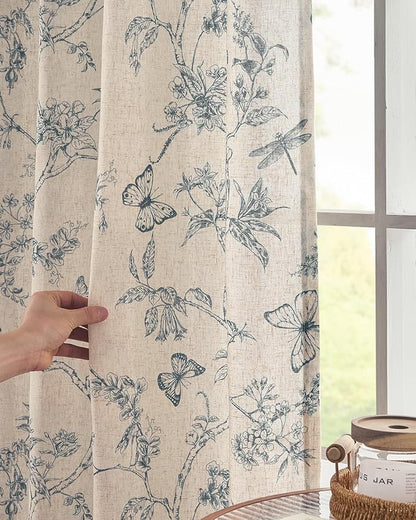 jinchan Floral Linen Curtains for Living Room 84 Inch Length Butterfly Curtain Blue Floral Curtains French Country Farmhouse Curtain Flower Patterned Drapes Window Treatment Set 2 Panels