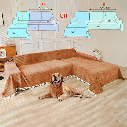 HANDONTIME Dark Orange Sofa Covers Couch Cover for Dogs Colorful Tassel Lovetseat Cover Pet Couch Cover Bohemian Sofa Cover for Couch Vintage Boho Couch Covers Futon Cover Pet-Friendly, 91" X150"