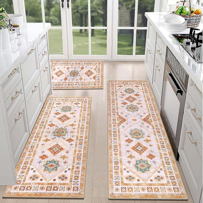 HEBE Boho Kitchen Rug Sets 3 Piece with Runner Non Slip Kitchen Rugs and Mats Washable Kitchen Mats for Floor Thick Kitchen Floor Mat Carpet Runner Rugs for Hallway Laundry Holiday Decor