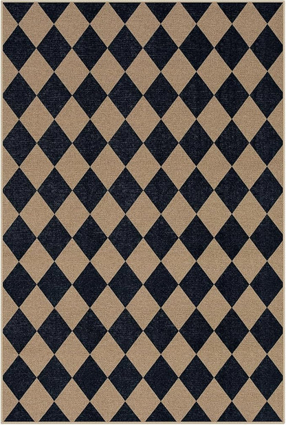 Lahome Colette Checkered Easy Jute Patio Rug, 6x9 Washable Indoor Outdoor Rug, Farmhouse Neutral Non Slip Non Shedding Low Pile Floor Carpet for Deck Living Dining Room Office Mudroom