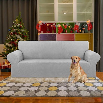 KEKUOU Stretch Sofa Cover Slipcover ，Couch Covers for 3 Cushion Couch Sofa pet Friendly (78"-94") Furniture Protector Sofa with Elastic Bottom for Kids,Dog, Jacquard Small Checked(Large,Silver)