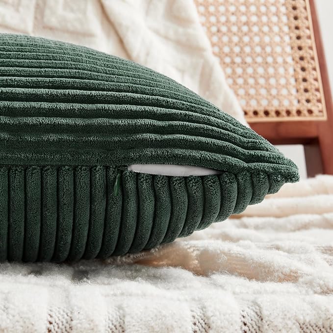 Fancy Homi Set of 2 Dark Green Lumbar Decorative Throw Pillow Covers 16x28 Inch for Living Room Couch Bed, Boho Farmhouse Forest Green Home Decor, Soft Corduroy Corss Patchwork Cushion Case