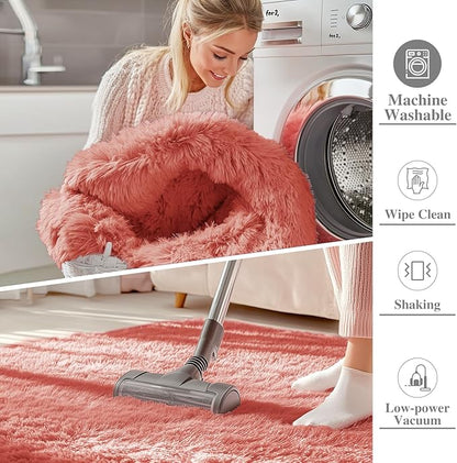 OLANLY 8x10 Machine Washable Large Area Rugs for Living Room, Bedroom, Soft Fluffy Shaggy Bedside Rug, Indoor Floor Carpet for Kids Girls and Boys, Dorms, Nursery, Home Decor Aesthetic, Rust Red