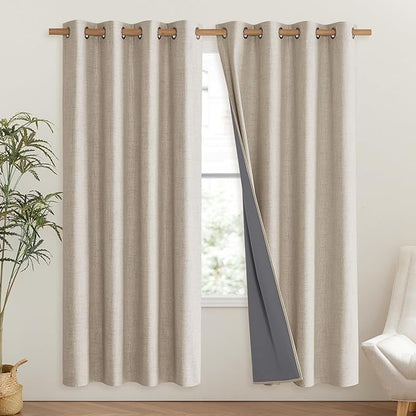 NICETOWN Oatmeal Bedroom Full Blackout Linen Curtain Panels Set of 2, 52" by 72", Thick Insulated Classic Grommet Blackout Draperies with White Thermal Insulated Liner for Windows