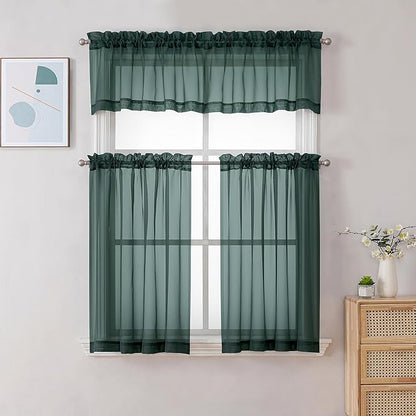 Chyhomenyc Sheer Valances for Windows 2 Pack, Small Window Curtains for Living Room Bathroom Cafe Laundry Basement, Modern Top Dual Rod Pocket Voile Curtain, 42W x 18L inches, Hunter Green