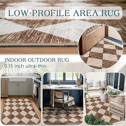Brown Beige Checkered Entry Rug - 3x5 Non-Slip Washable Indoor Outdoor Front Door Mat Porch Rug Farmhouse Diamond Throw Carpet for Living Room Bedroom Entryway Kitchen Office Fall Porch Decor