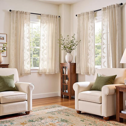 jinchan Belrose Linen Curtains for Bedroom Floral Curtains 63 Inch Length Linen Blend Ivory Embroidered Drapes Farmhouse Flower Patterned Drapes for Living Room Window Treatments Sets 4 Panels