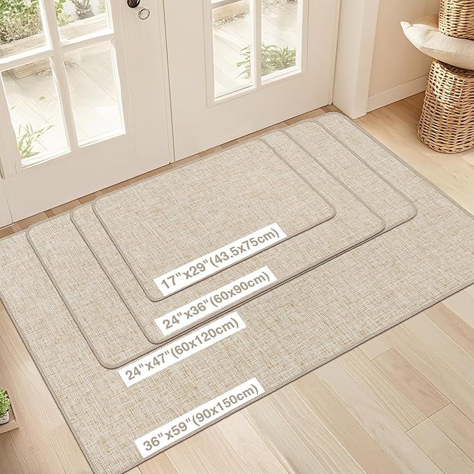 LEKEEPGO Ultra Thin Indoor Door Mat 36"x59", Low-Profile Door Mat Indoor Entrance, Non Slip Rubber Backing Inside Doormat Washable Welcome Front Entryway Dirt Trapper Entry Mat, Khaki
