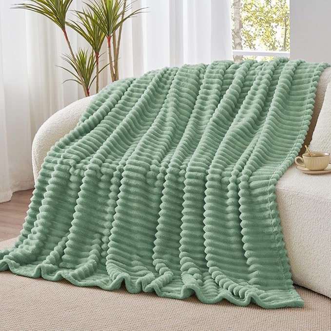 BEDELITE Fleece Throw Blanket for Couch - 300GSM Soft & Warm Fluffy Green Blanket, Decorative and Giftable Striped Blankets for Women, Men, 50"x70"